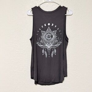 NWOT Large Black Boho Graphic Tank Top Sun Moon Lotus Mandala Print 96% Rayon